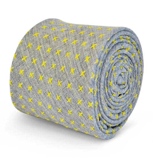 grey tie with yellow cross pattern in 100% cotton linen by Frederick Thomas Handmade Mens Ties