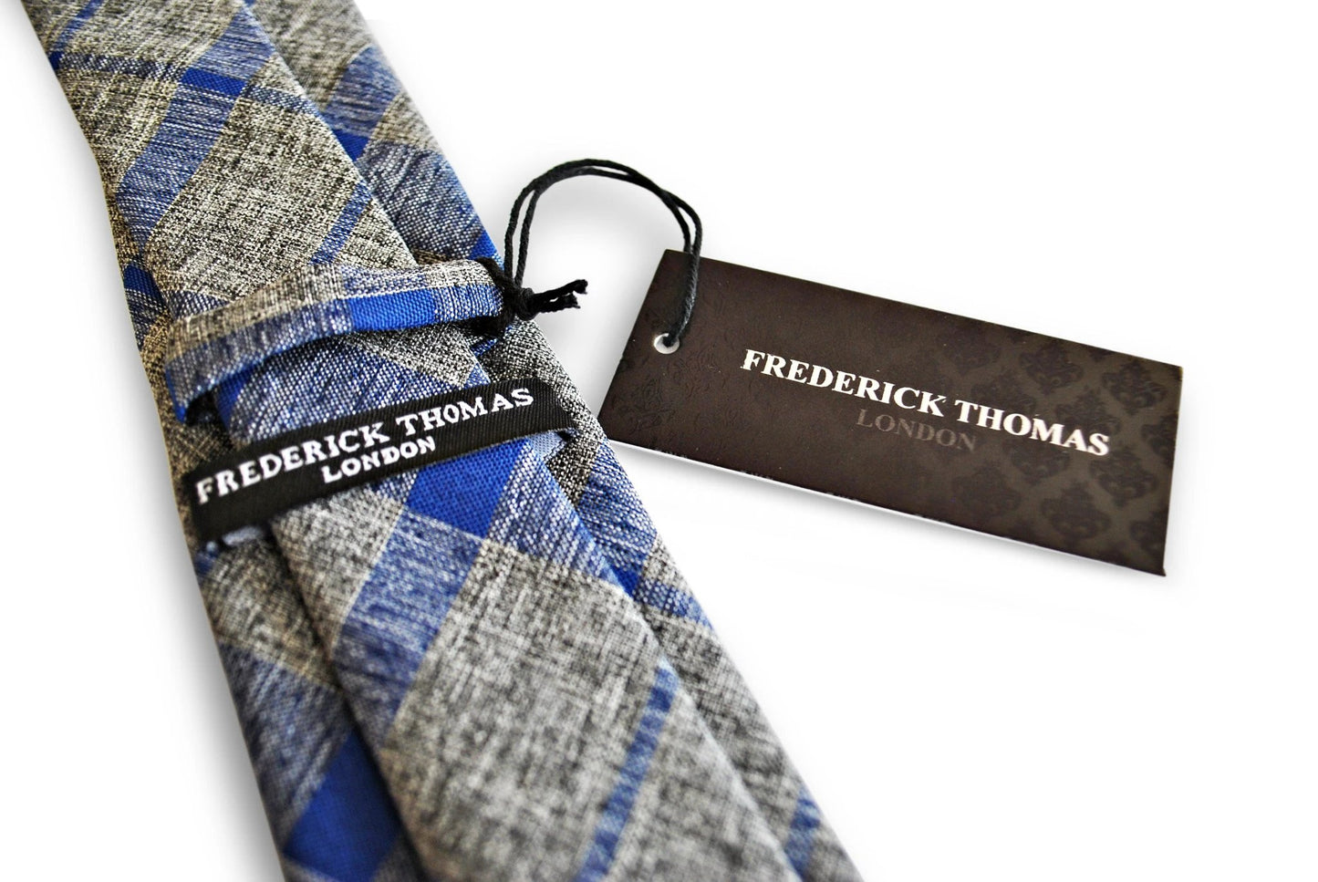 grey with blue check design cotton/linen tie by Frederick Thomas Handmade Mens Ties