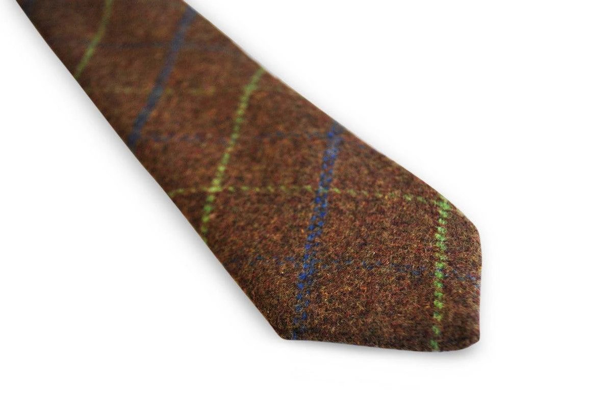 brown, blue and green check tweed skinny tie by Frederick Thomas Handmade Mens Ties