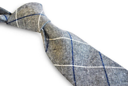 light grey tie with blue and white windowpane design by Frederick Thomas Handmade Mens Ties