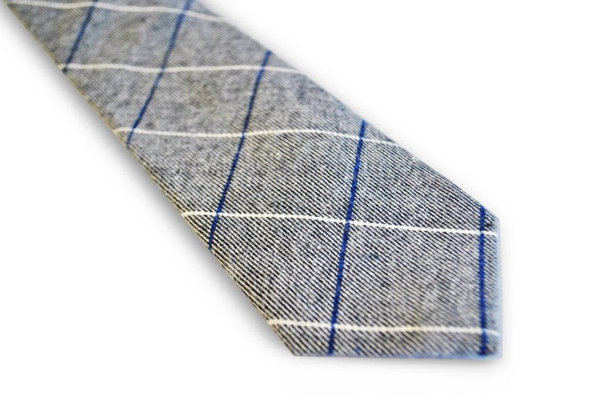 light grey tie with blue and white windowpane design by Frederick Thomas Handmade Mens Ties