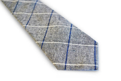 light grey tie with blue and white windowpane design by Frederick Thomas Handmade Mens Ties