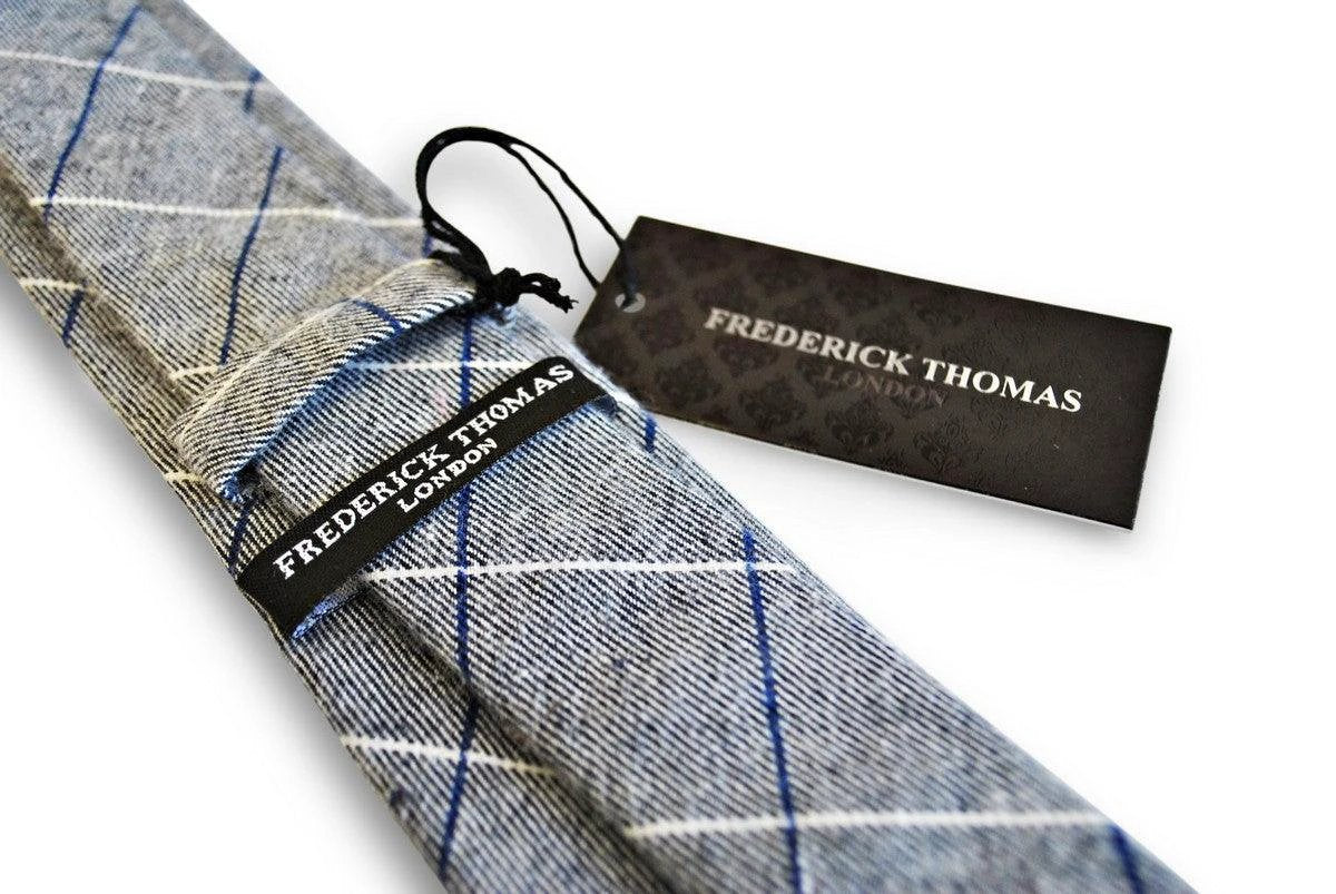 light grey tie with blue and white windowpane design by Frederick Thomas Handmade Mens Ties