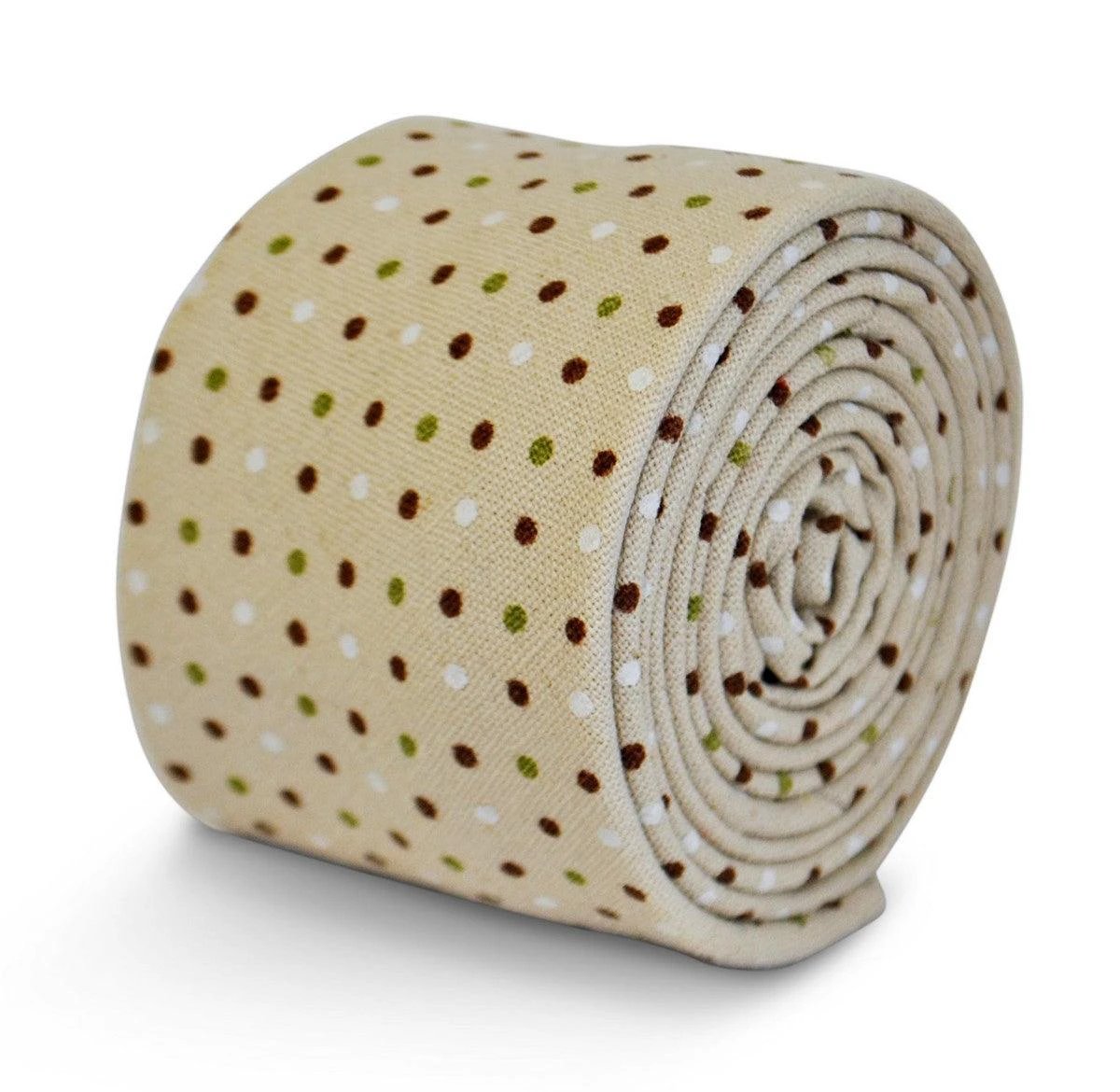 beige tie with green, red and white polka dots by Frederick Thomas Handmade Mens Ties