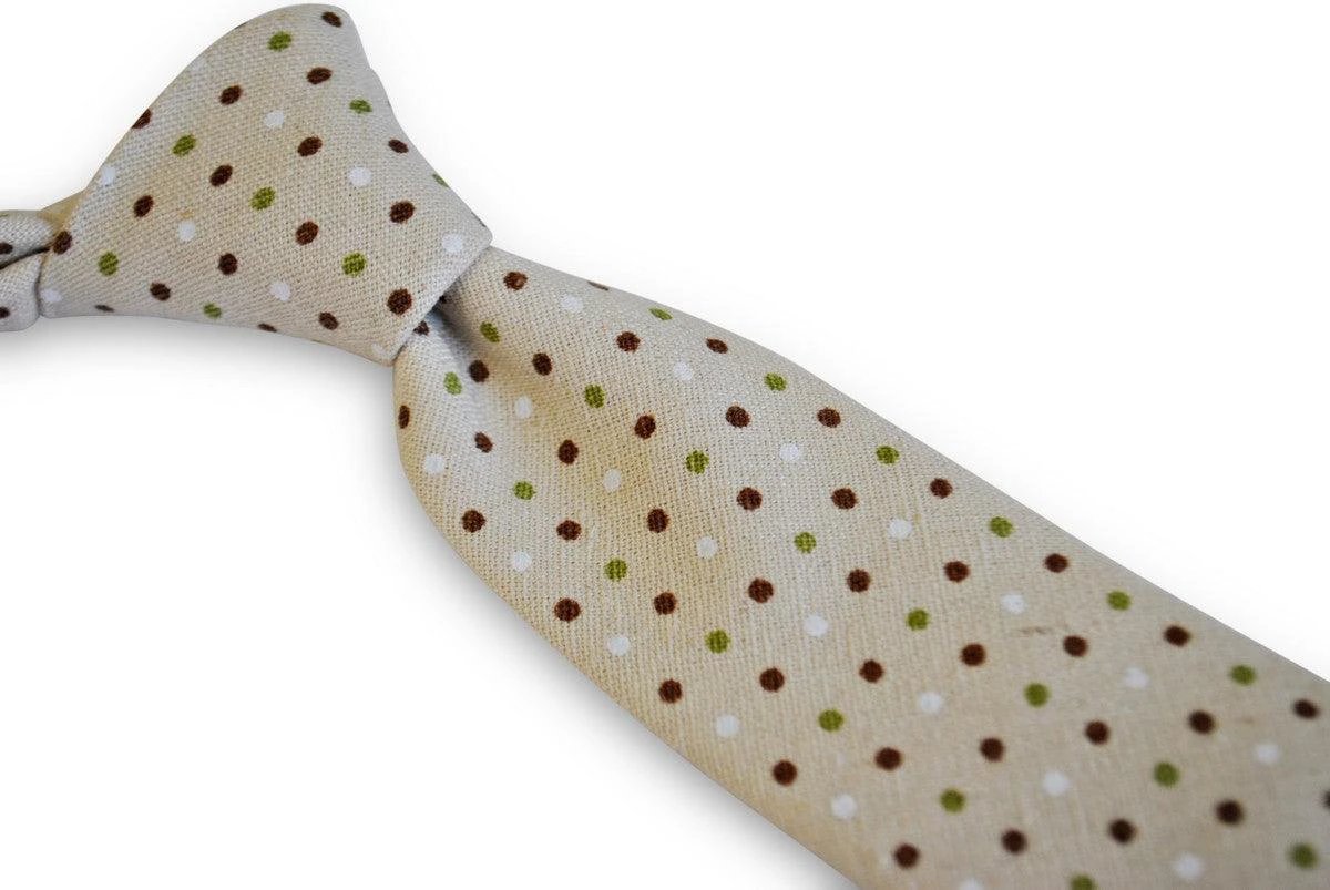 beige tie with green, red and white polka dots by Frederick Thomas Handmade Mens Ties