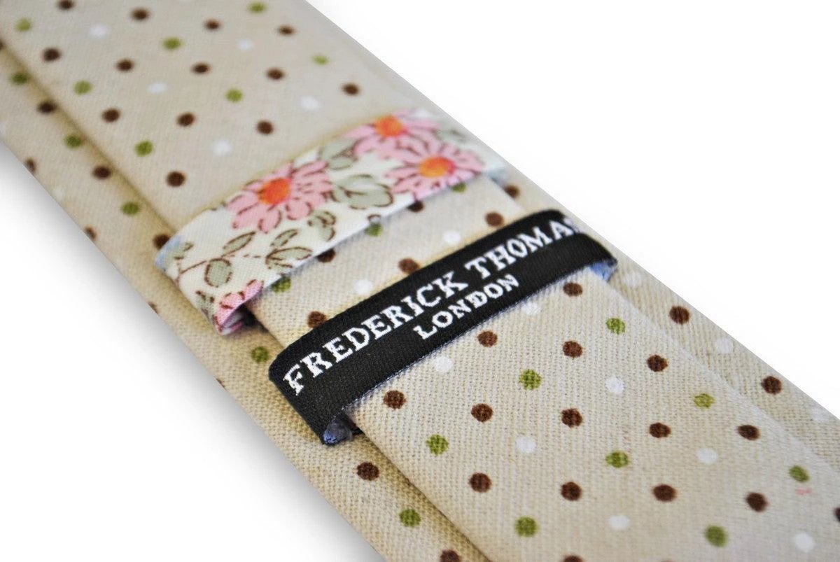 beige tie with green, red and white polka dots by Frederick Thomas Handmade Mens Ties