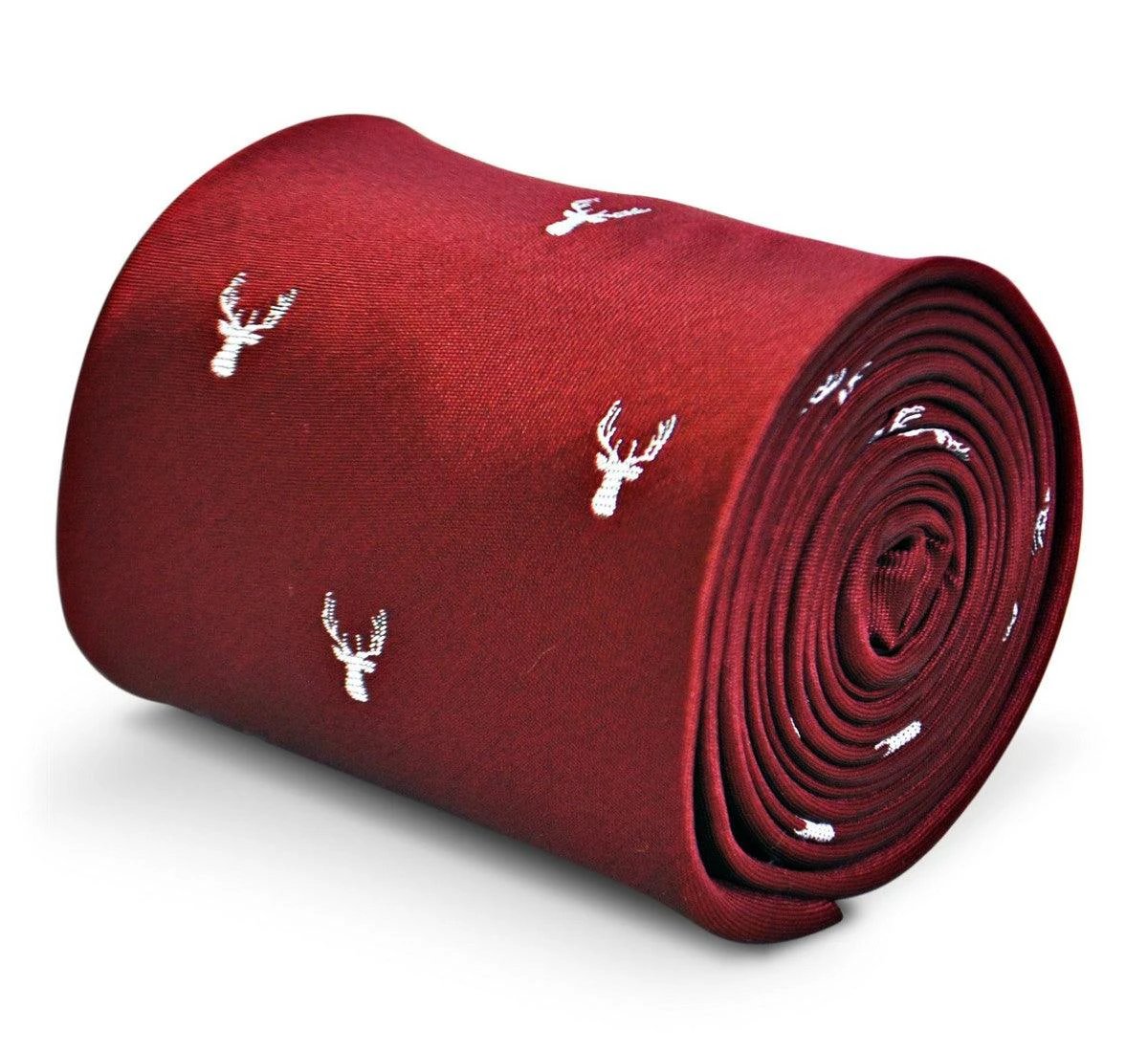 burgundy tie with white stag deer head silhouette design by Frederick Thomas Handmade Mens Ties