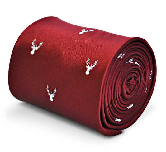 burgundy tie with white stag deer head silhouette design by Frederick Thomas Handmade Mens Ties