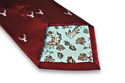 burgundy tie with white stag deer head silhouette design by Frederick Thomas Handmade Mens Ties