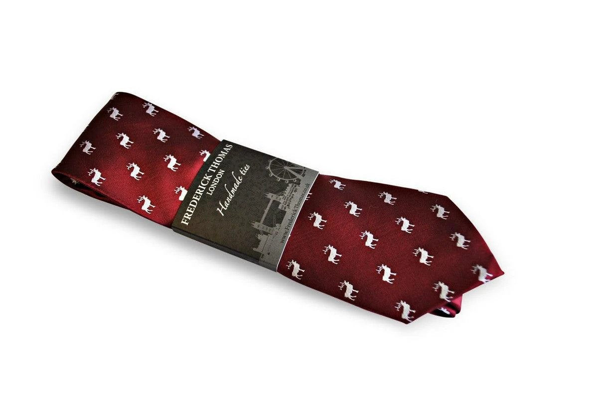 maroon red tie with white stag deer silhouette design by Frederick Thomas Handmade Mens Ties