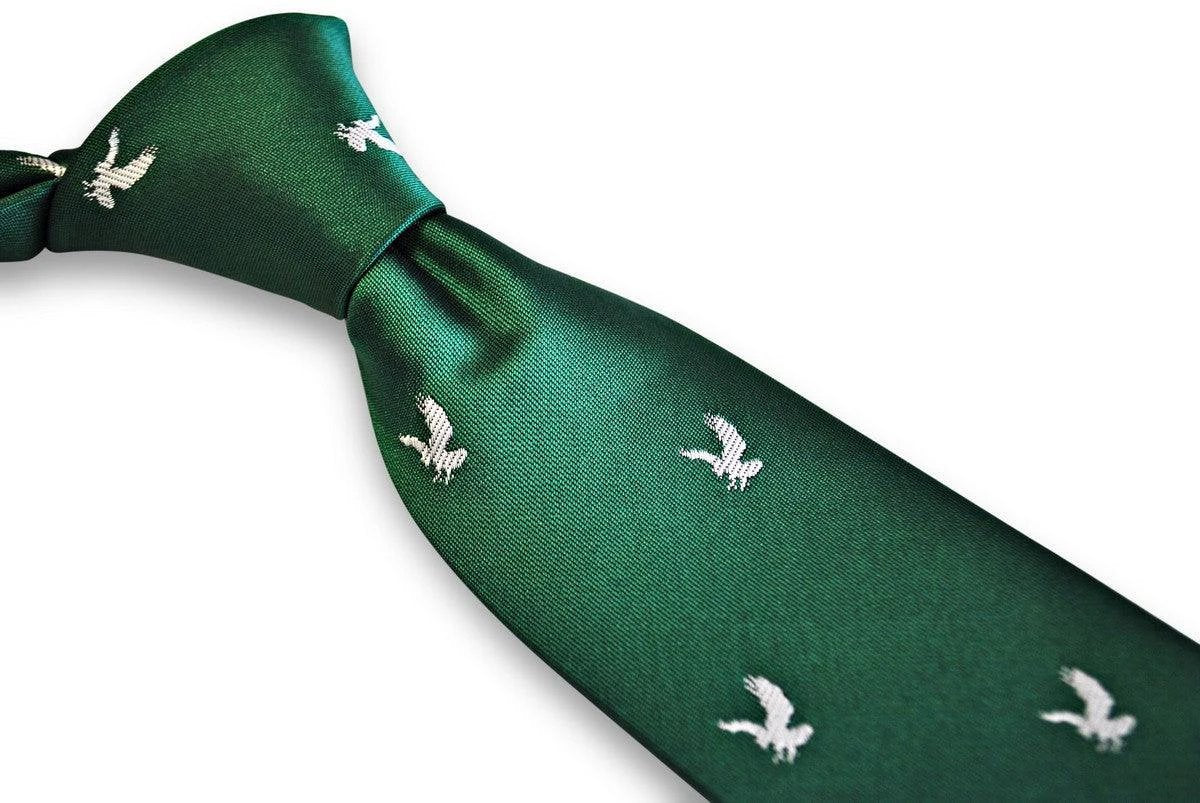 green tie with white eagle bird silhouette design by Frederick Thomas Handmade Mens Ties