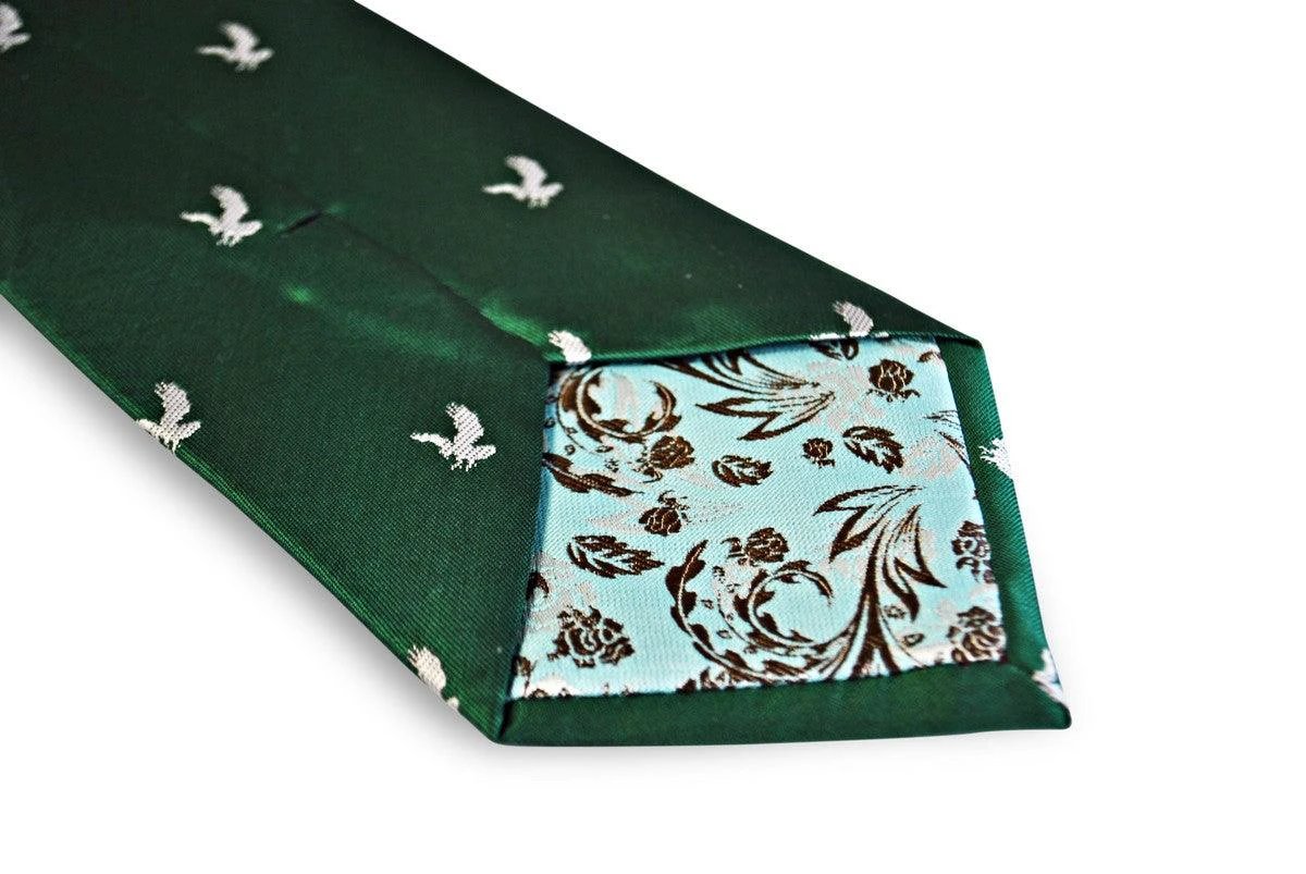 green tie with white eagle bird silhouette design by Frederick Thomas Handmade Mens Ties