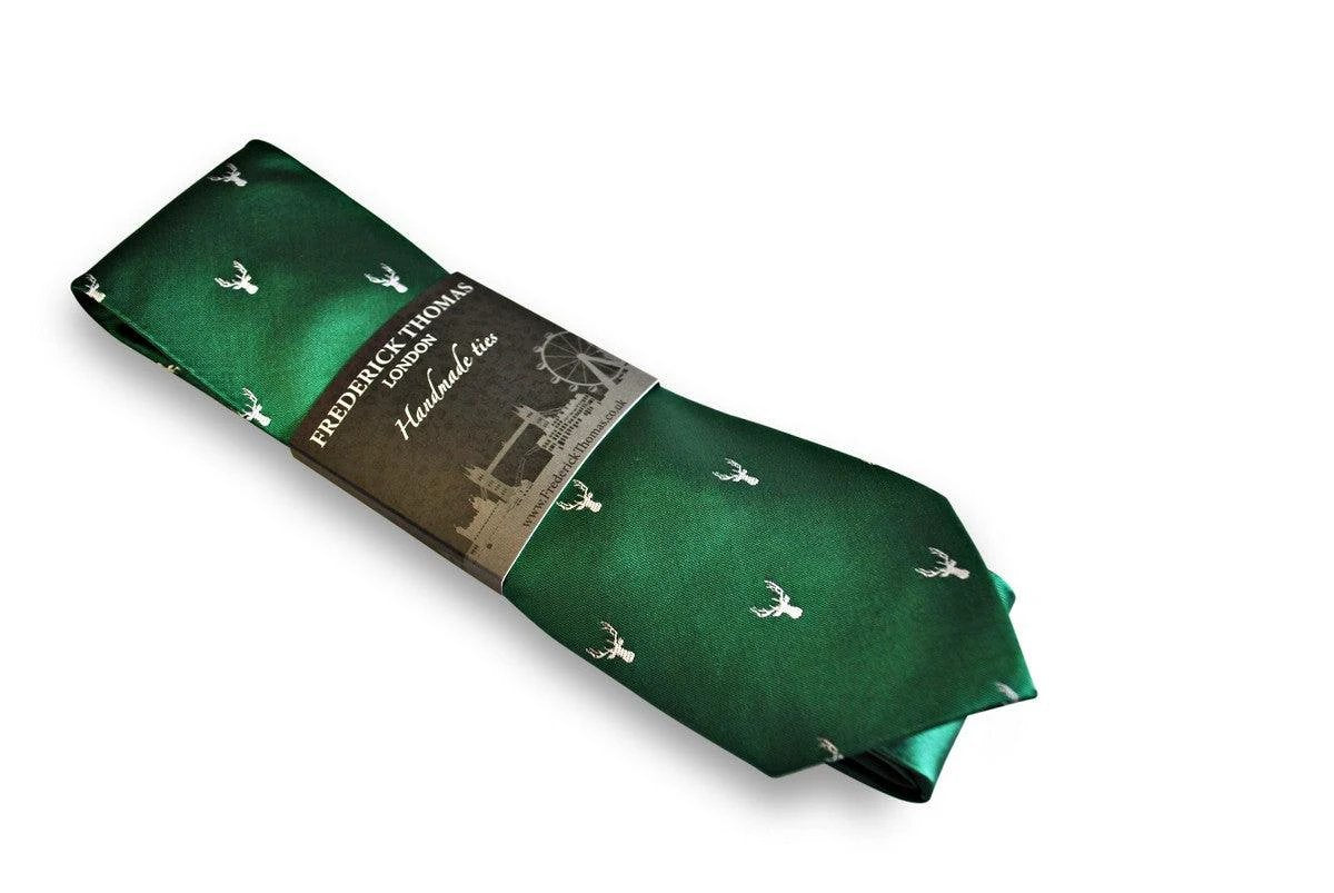 Frederick Thomas Green Tie With White Stag Deer Head Silhouette - Handmade Craftsmanship For A Distinctive Formal Look by Frederick Thomas Handmade Mens Ties