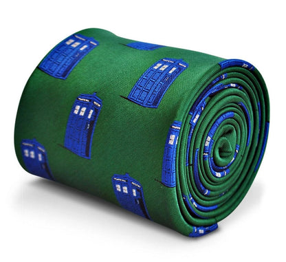 green tie with doctor who tardis phonebox design by Frederick Thomas Handmade Mens Ties