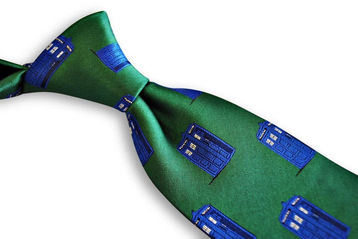 green tie with doctor who tardis phonebox design by Frederick Thomas Handmade Mens Ties