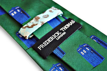 green tie with doctor who tardis phonebox design by Frederick Thomas Handmade Mens Ties