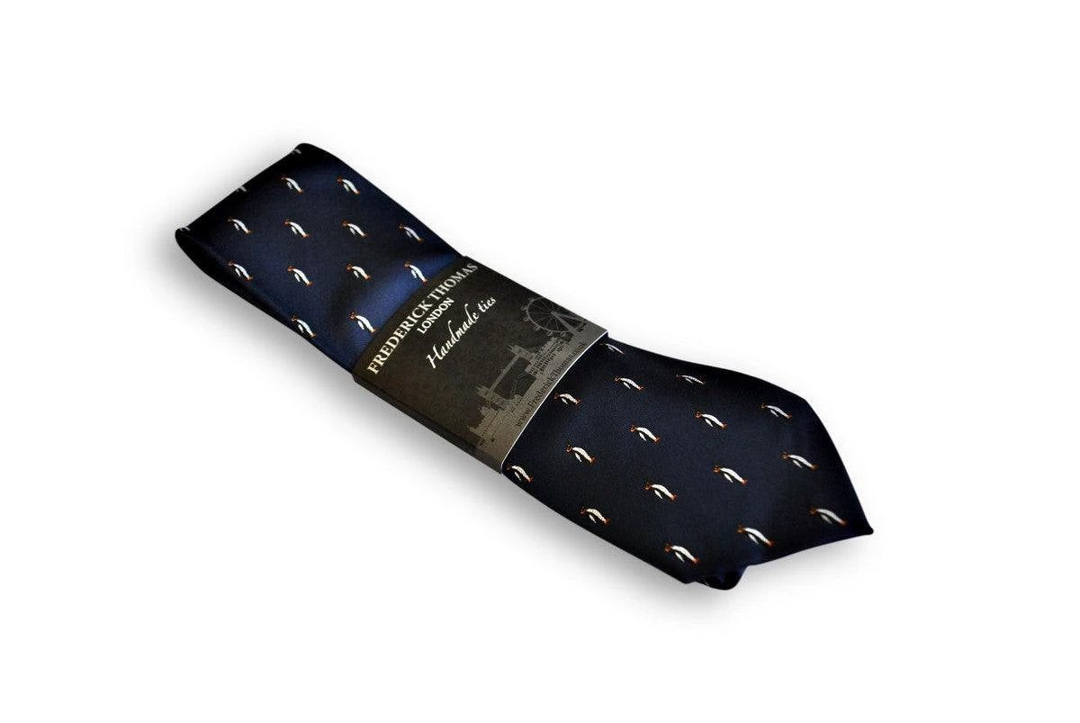 navy tie with penguin design by Frederick Thomas Handmade Mens Ties