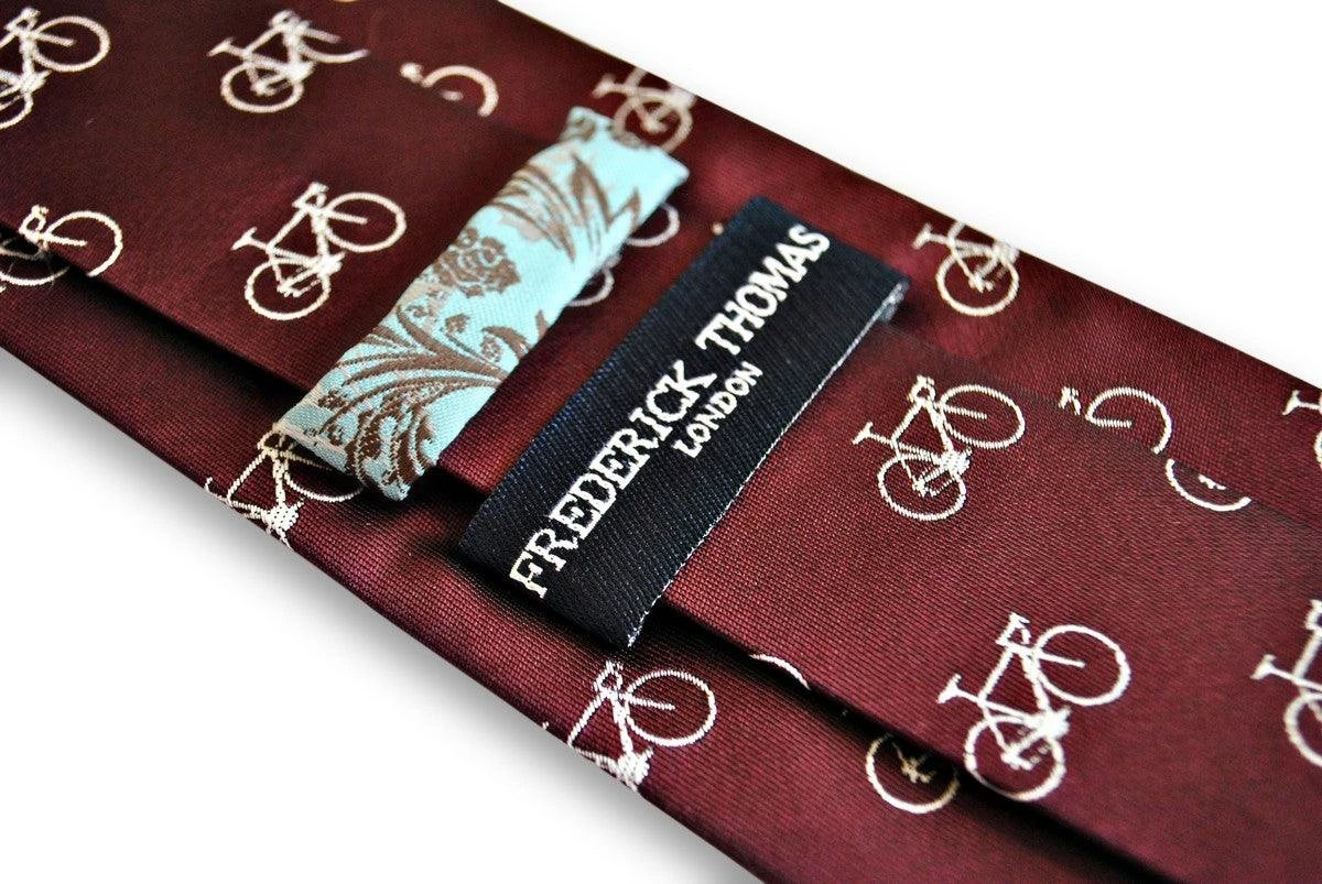 maroon mens tie with bicycle design by Frederick Thomas Handmade Mens Ties