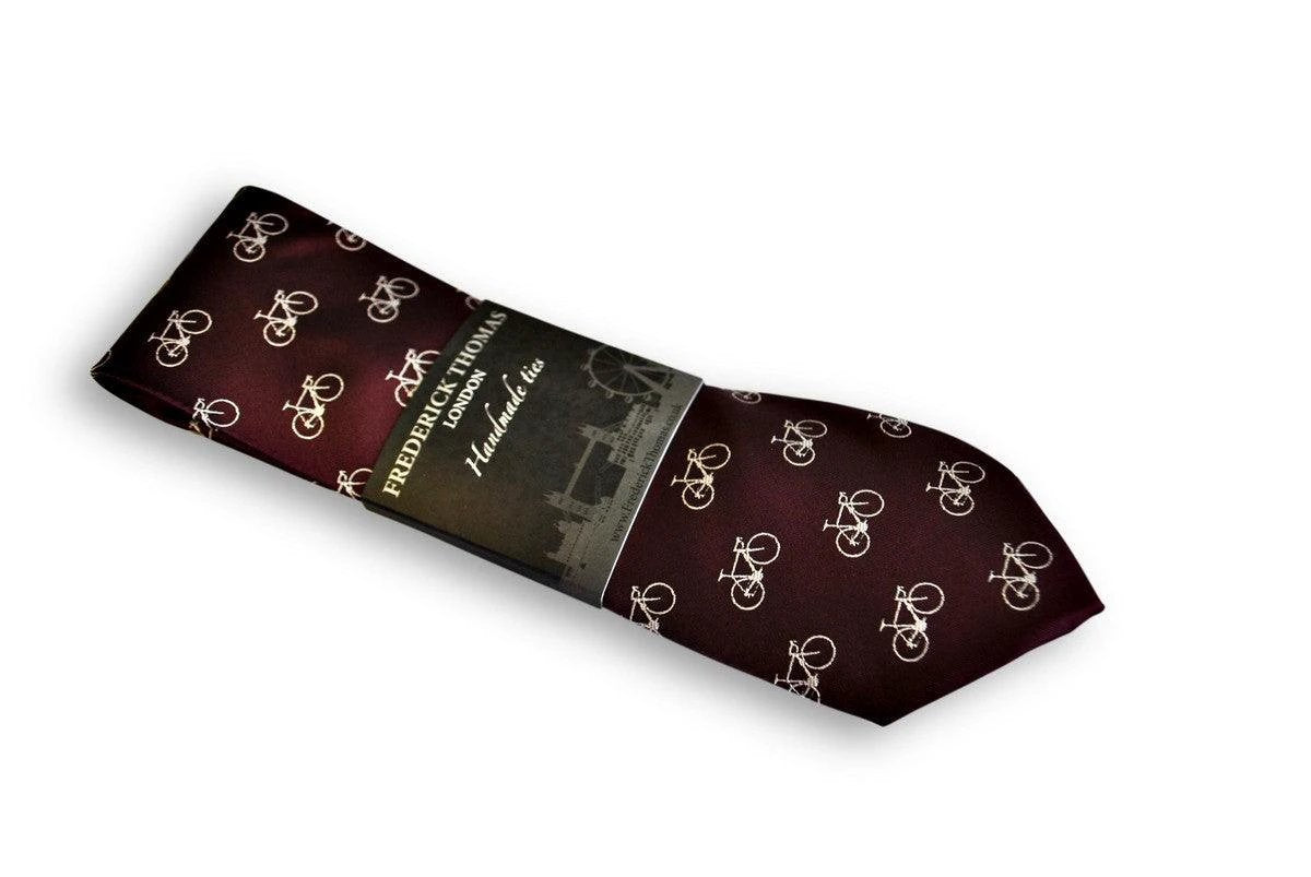 maroon mens tie with bicycle design by Frederick Thomas Handmade Mens Ties