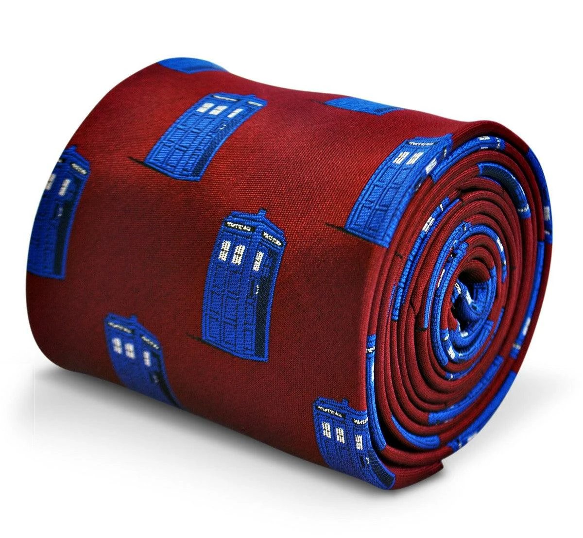 burgundy tie with doctor who tardis phonebox design by Frederick Thomas Handmade Mens Ties