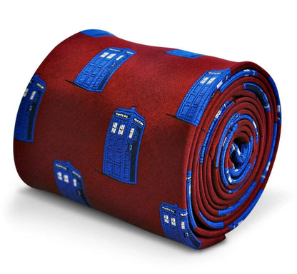 burgundy tie with doctor who tardis phonebox design by Frederick Thomas Handmade Mens Ties