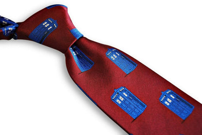 burgundy tie with doctor who tardis phonebox design by Frederick Thomas Handmade Mens Ties