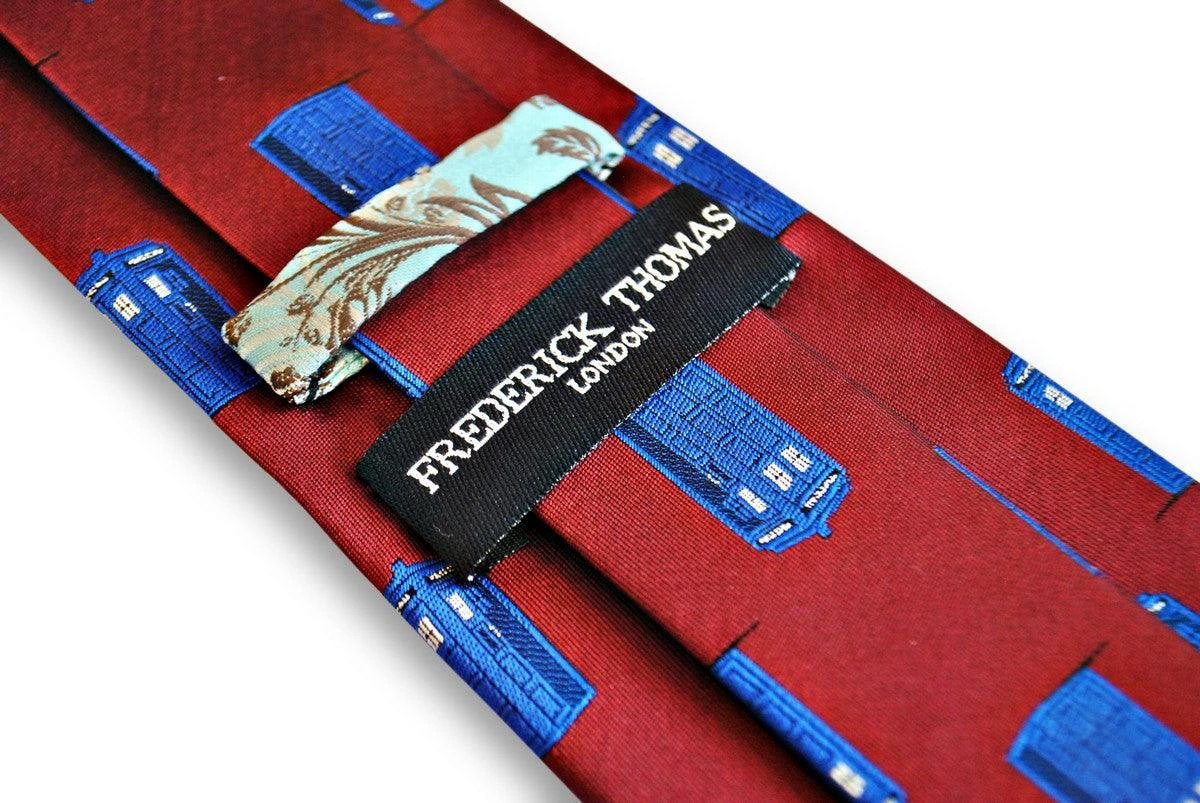 burgundy tie with doctor who tardis phonebox design by Frederick Thomas Handmade Mens Ties