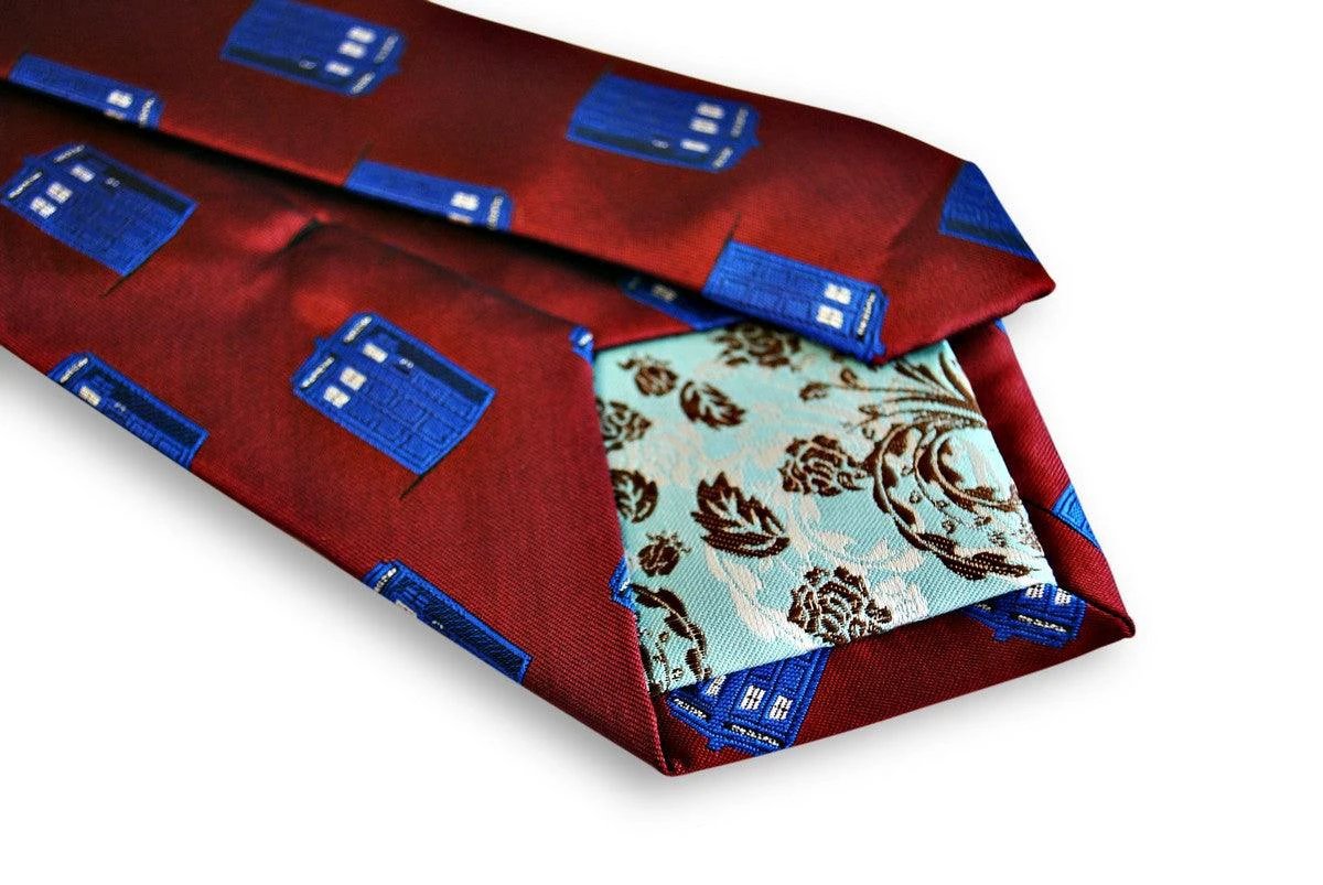 burgundy tie with doctor who tardis phonebox design by Frederick Thomas Handmade Mens Ties