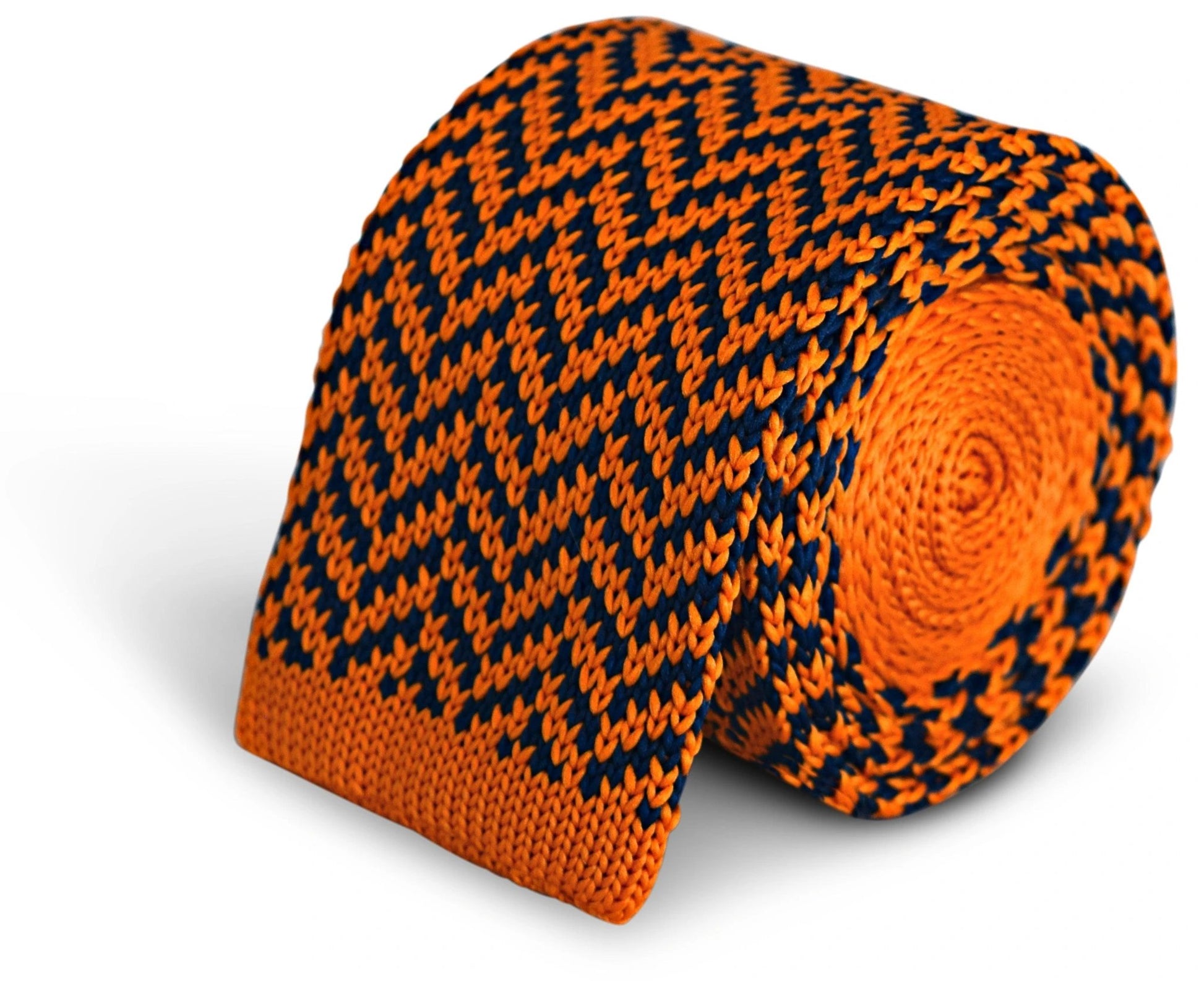 navy blue and orange herringbone knitted tie by Frederick Thomas Handmade Mens Ties