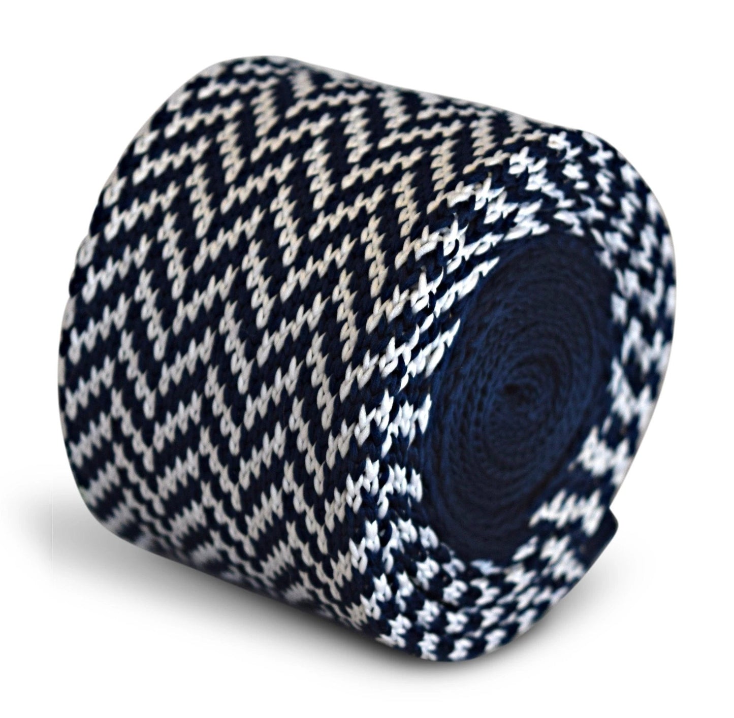 navy blue and white herringbone knitted tie by Frederick Thomas Handmade Mens Ties