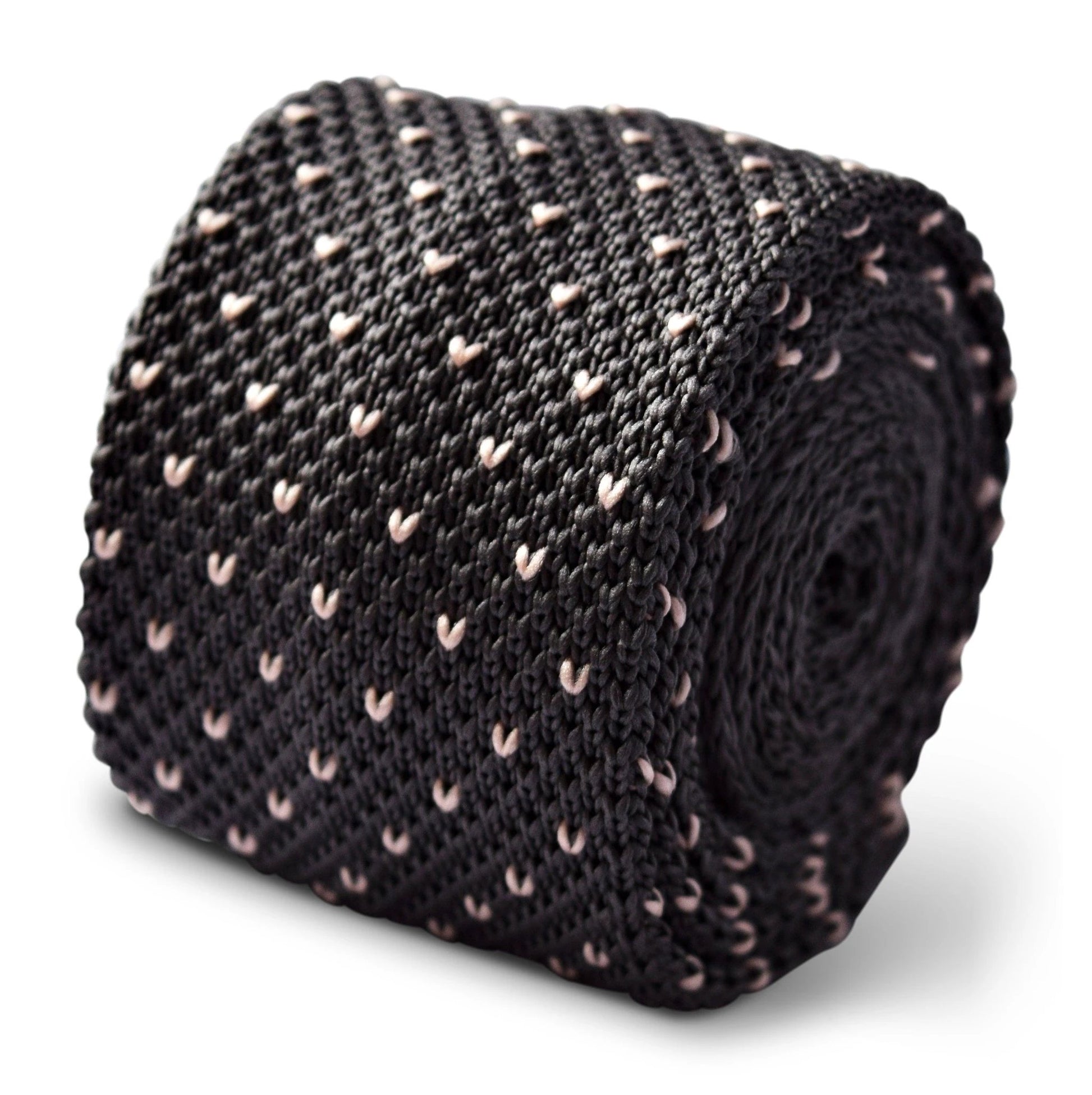 Grey Skinny Knitted Tie With Pink Pin Spots - Handcrafted By Frederick Thomas For A Modern Professional Look by Frederick Thomas Handmade Mens Ties