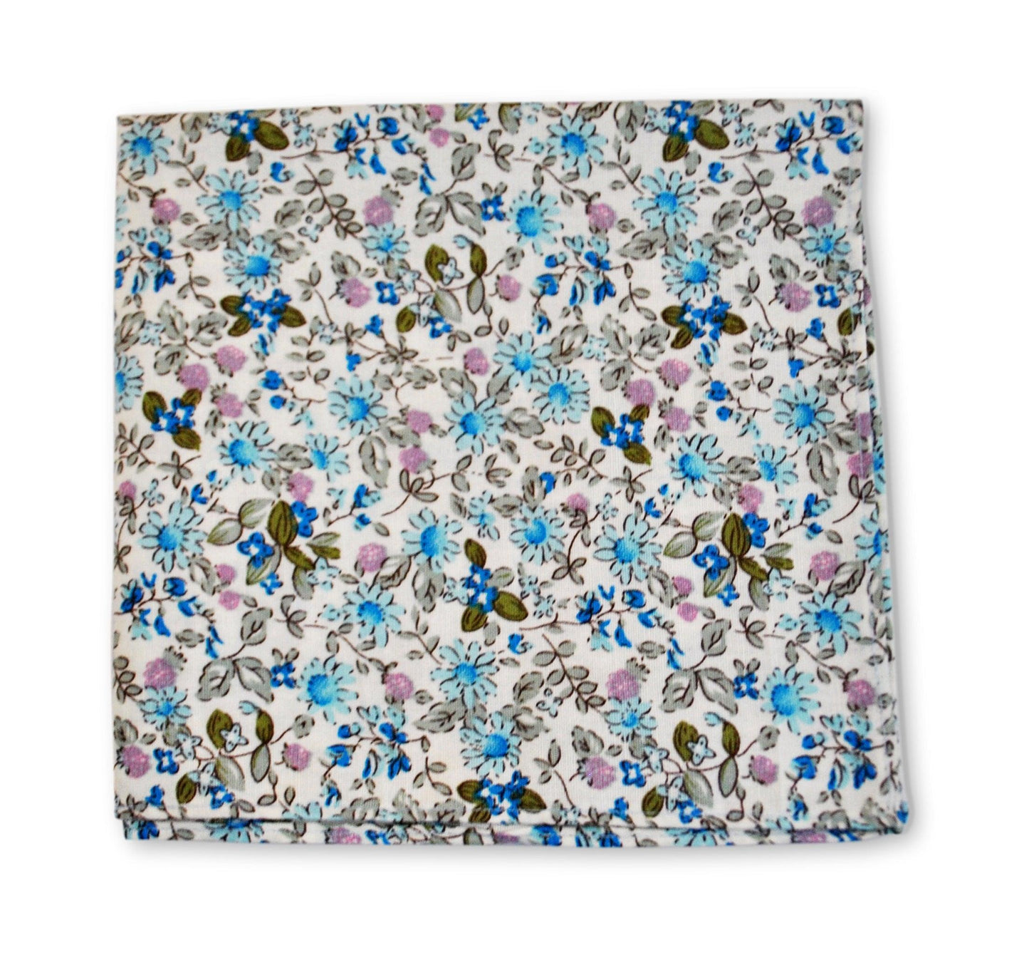 Ivory And Blue Floral Cotton Pocket Square - Handmade 100 Per Cent Cotton Accessory For Refined Tailoring by Frederick Thomas Handmade Mens Ties