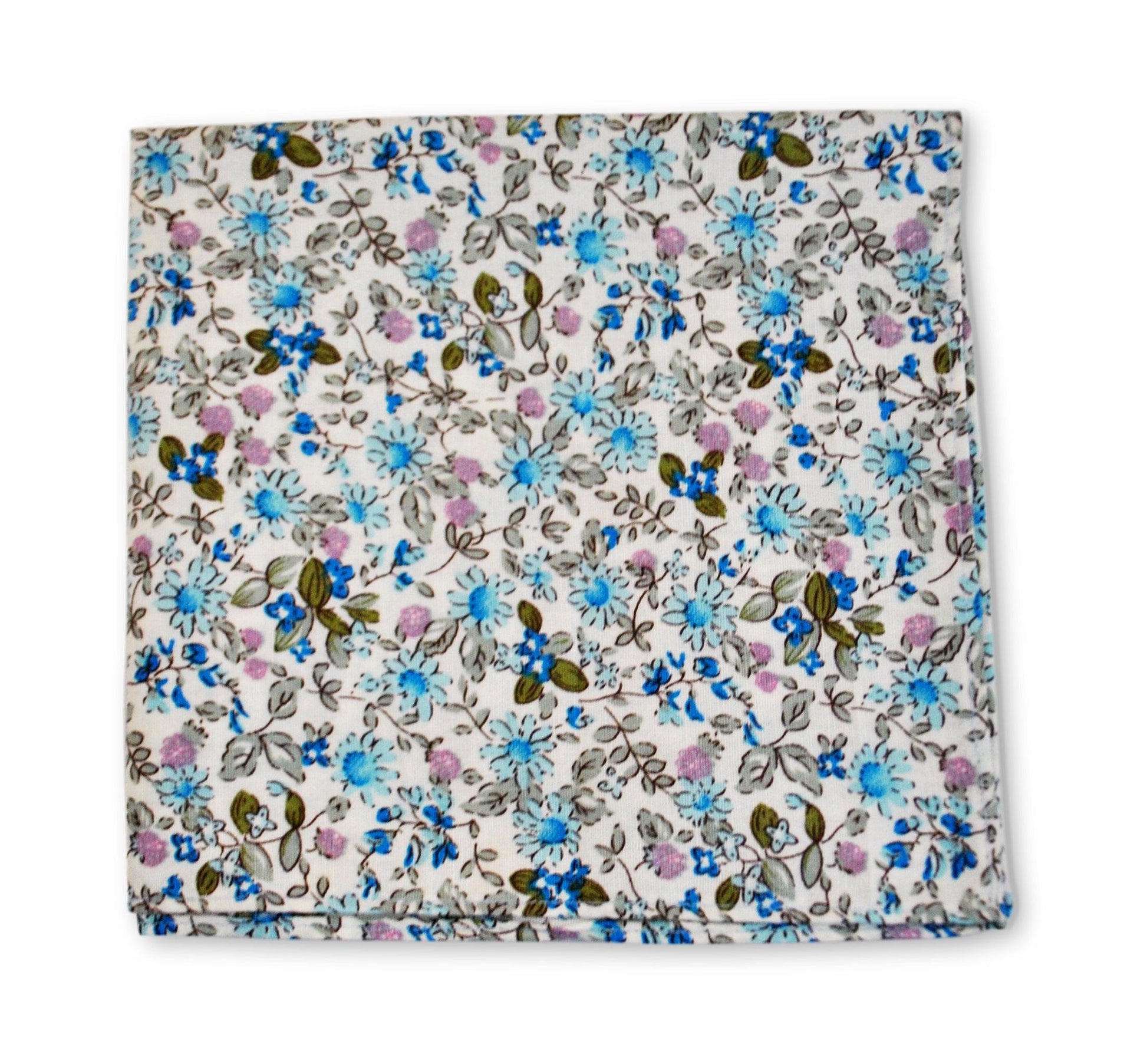 Ivory And Blue Floral Cotton Pocket Square - Handmade 100 Per Cent Cotton Accessory For Refined Tailoring by Frederick Thomas Handmade Mens Ties