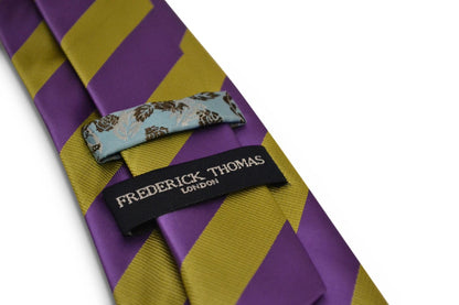 gold mustard yellow and purple barber striped design tie by Frederick Thomas Handmade Mens Ties