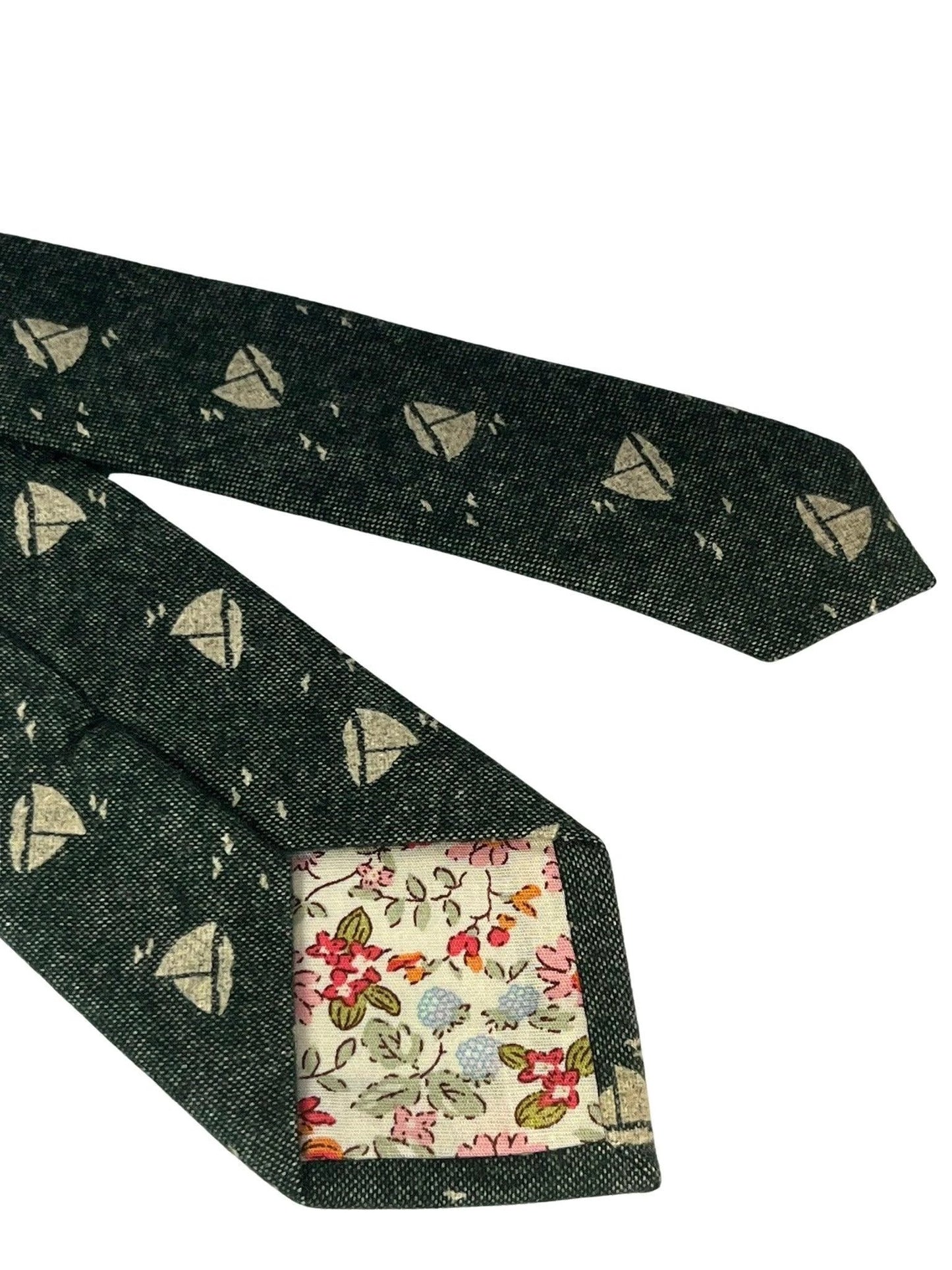 dark forest with cream sailing boat design cotton tie by Frederick Thomas Handmade Mens Ties