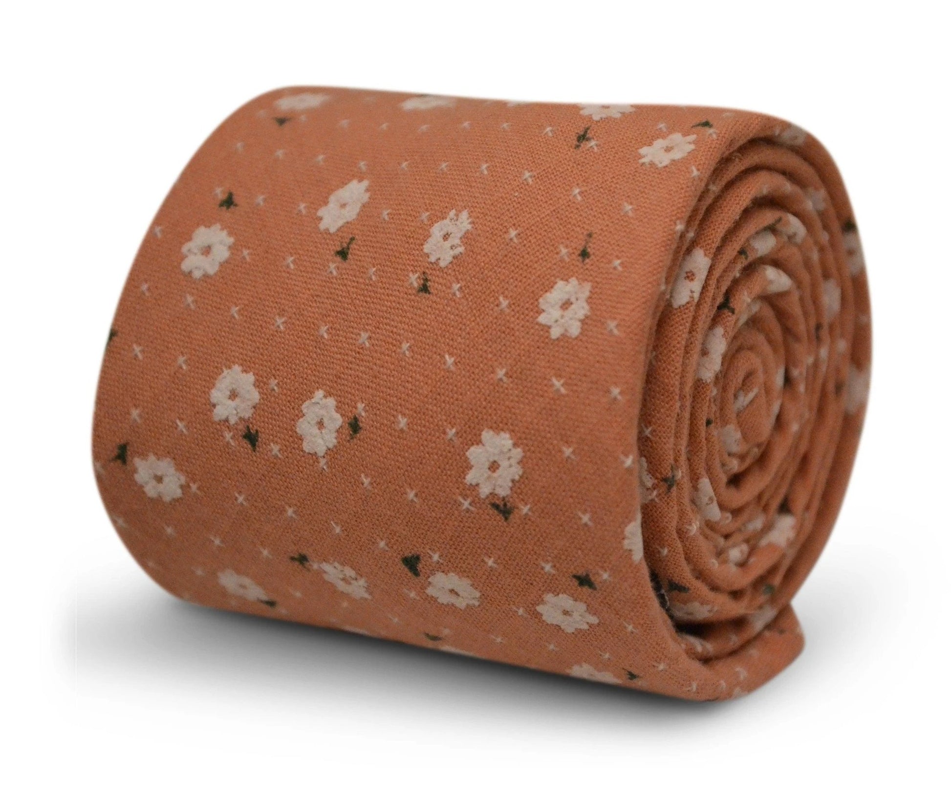 Dark Blush Coral Pink Cotton Tie With White Floral Design - Handmade Luxury For The Modern Professional by Frederick Thomas Handmade Mens Ties