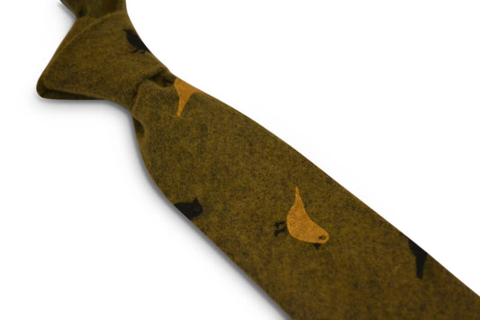 Mustard Gold Cotton Tie with Bird Print Design by Frederick Thomas Handmade Mens Ties