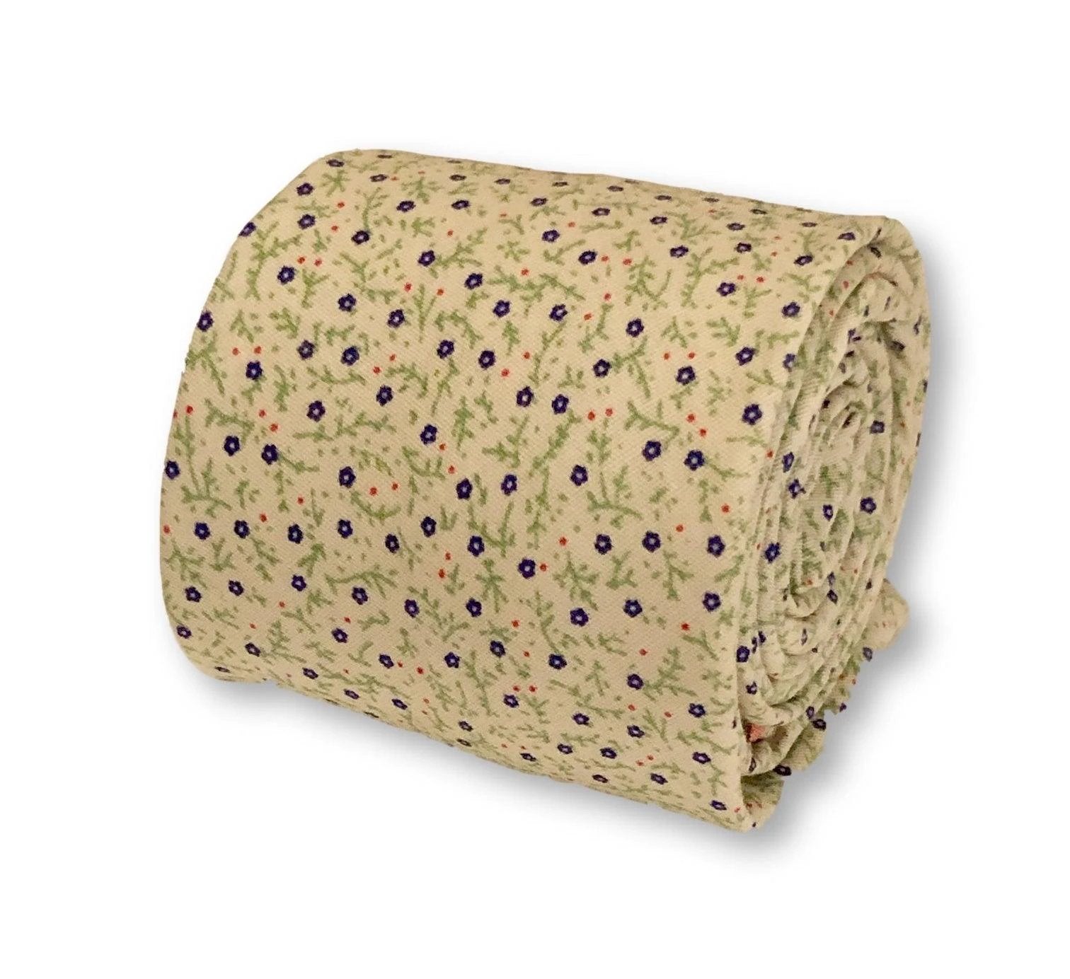 Cream Cotton Tie With Blue Ditsy Flower Print Design - Handcrafted By Frederick Thomas For Timeless Professional Style by Frederick Thomas Handmade Mens Ties