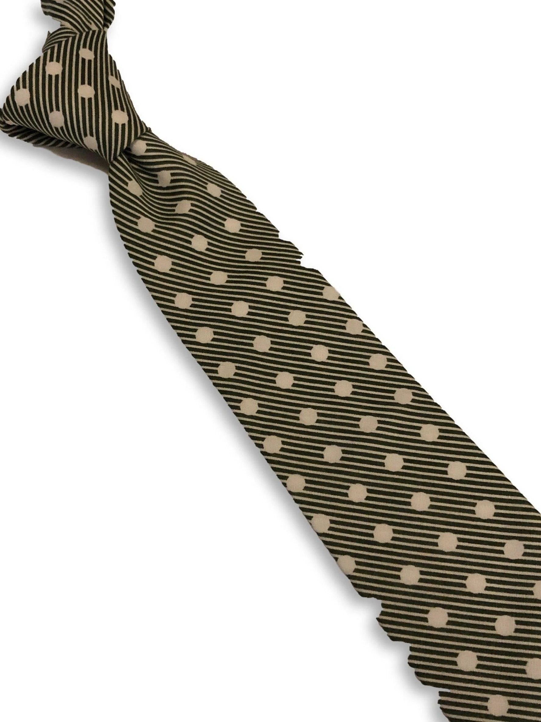 dark forest green and white striped with polka spot design cotton tie by Frederick Thomas Handmade Mens Ties