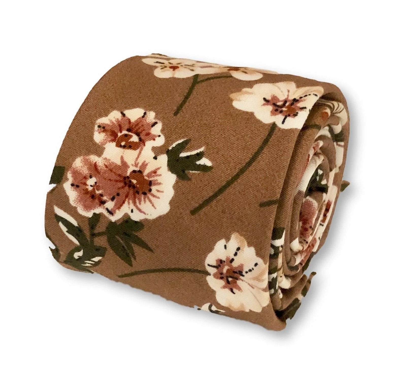 coffee brown with blush pink floral design cotton tie by Frederick Thomas Handmade Mens Ties