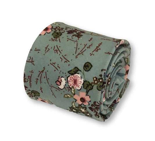 duck egg blue with pink floral design cotton tie by Frederick Thomas Handmade Mens Ties