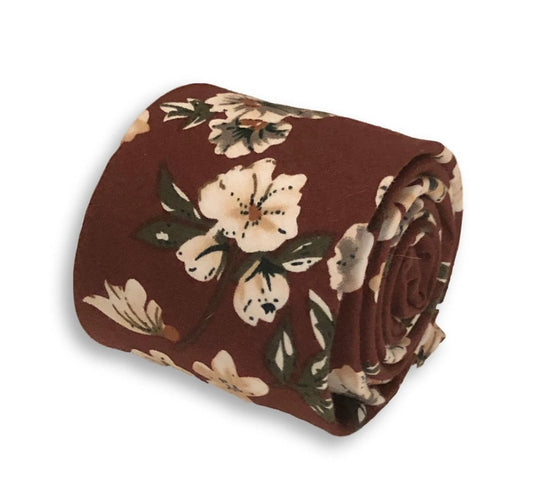 maroon burgundy red with blush pink peony flower design cotton tie by Frederick Thomas Handmade Mens Ties