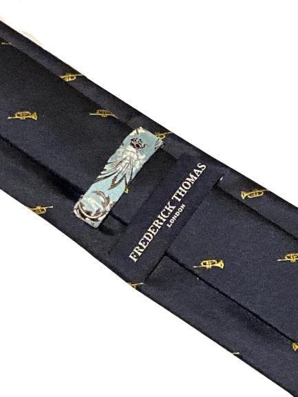 navy tie with embroidered trumpet design by Frederick Thomas Handmade Mens Ties