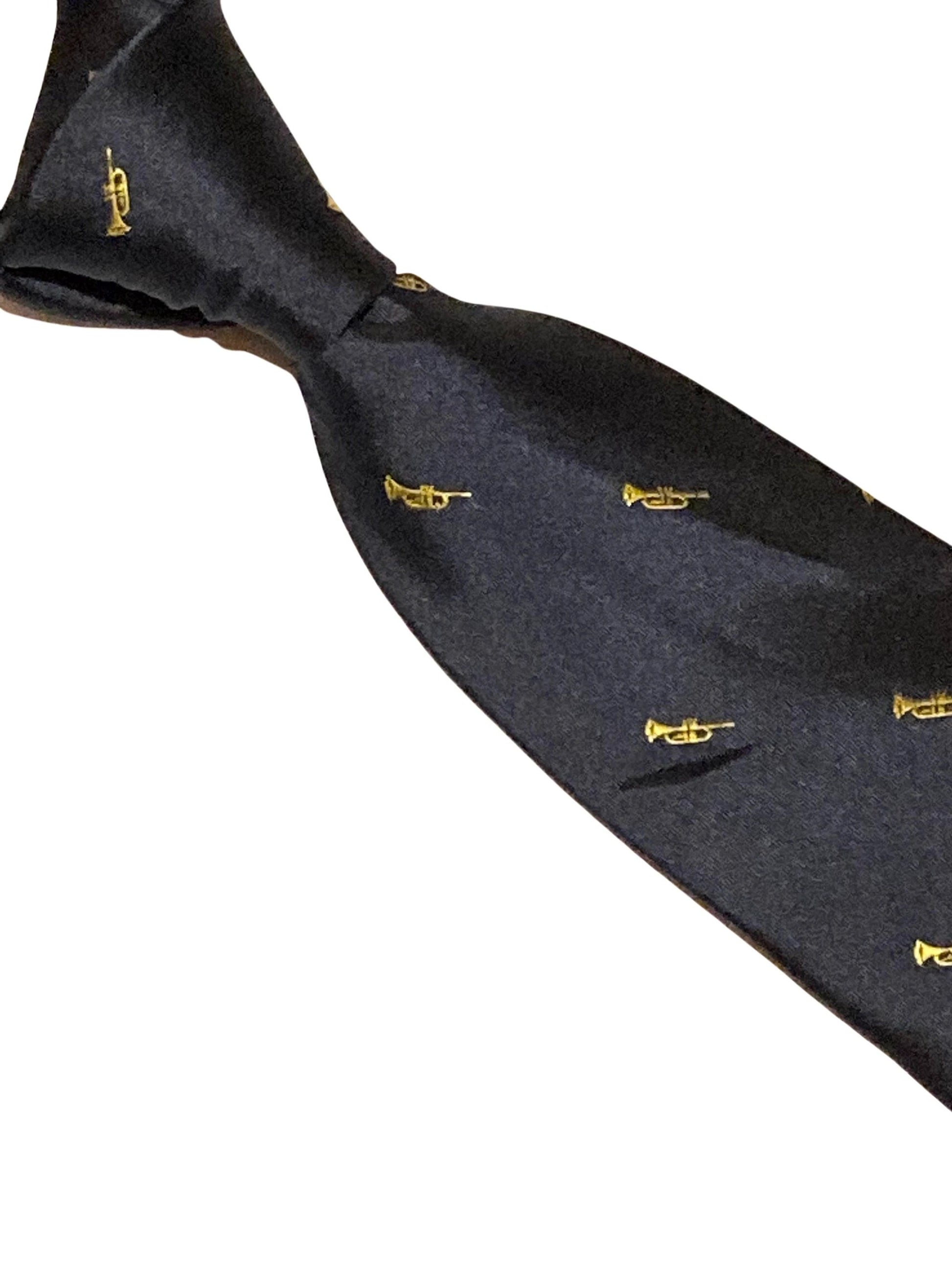 navy tie with embroidered trumpet design by Frederick Thomas Handmade Mens Ties