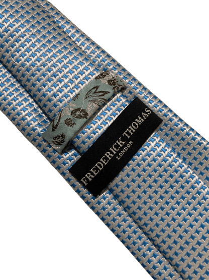 Frederick Thomas Handmade Dogstooth Tie - Ivory Cream And Light Blue For Luxury Professional Men