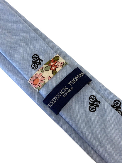 light pale blue pastel cotton tie with bike bicycle design by Frederick Thomas Handmade Mens Ties