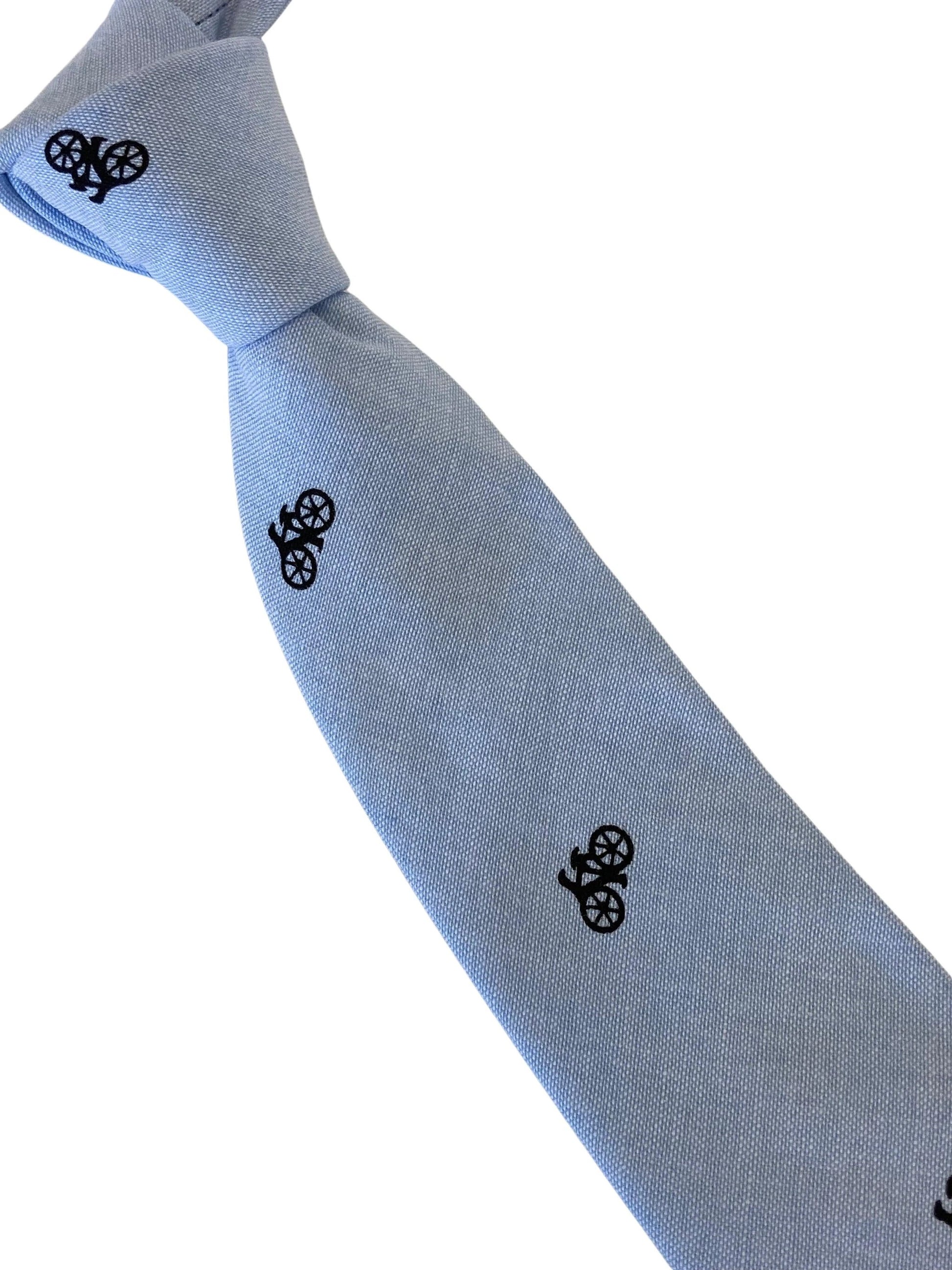 light pale blue pastel cotton tie with bike bicycle design by Frederick Thomas Handmade Mens Ties