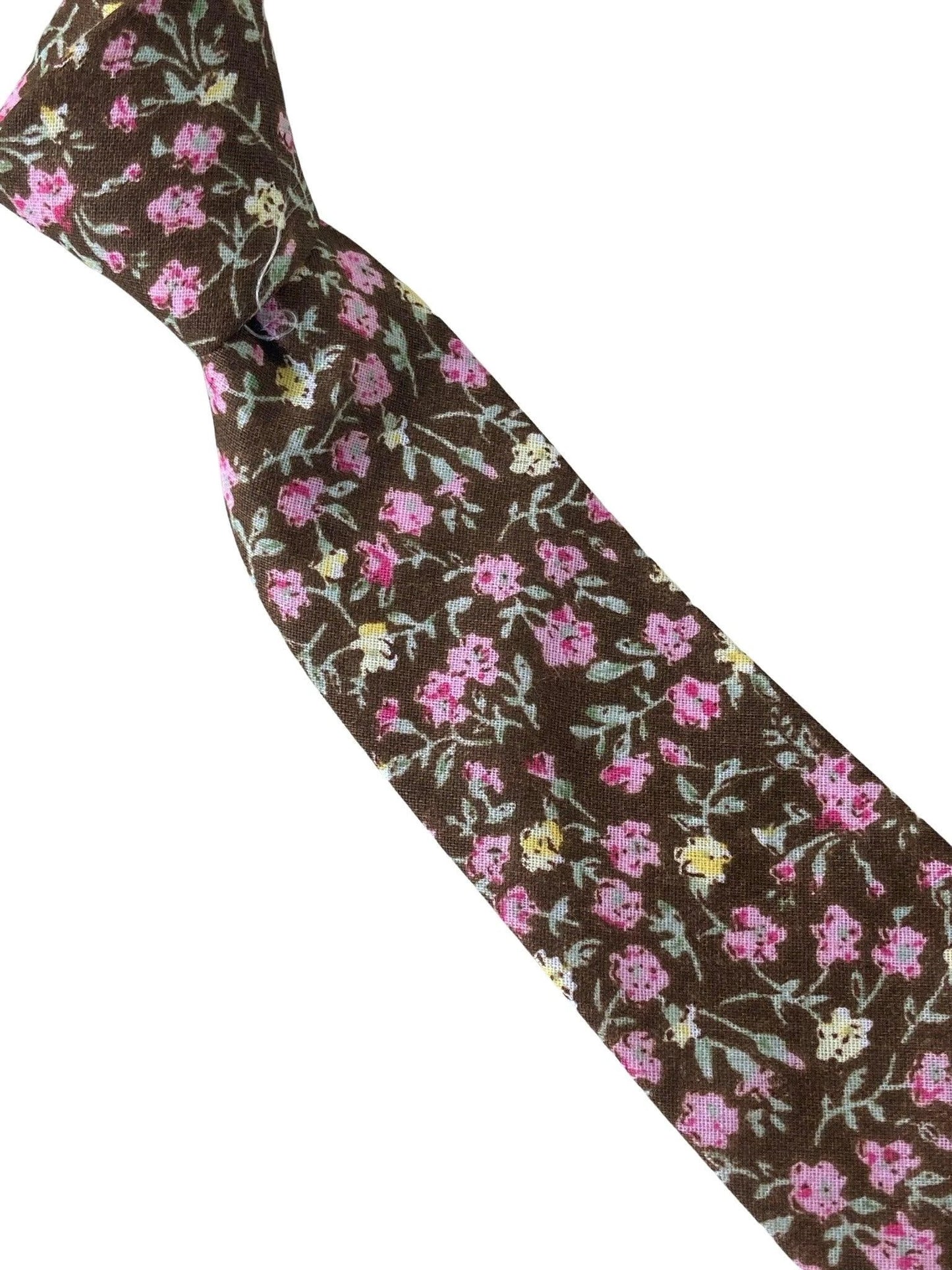 brown with pink floral design mens classic width 100% cotton tie by Frederick Thomas Handmade Mens Ties