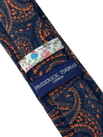 Black And Orange Paisley Cotton Tie For The Luxury Professional - Handmade With Contemporary Colourway Edge by Frederick Thomas Handmade Mens Ties