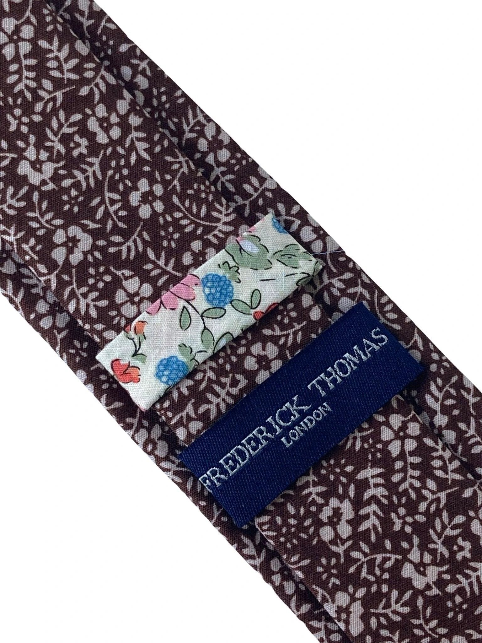 brown cotton tie with white floral design by Frederick Thomas Handmade Mens Ties